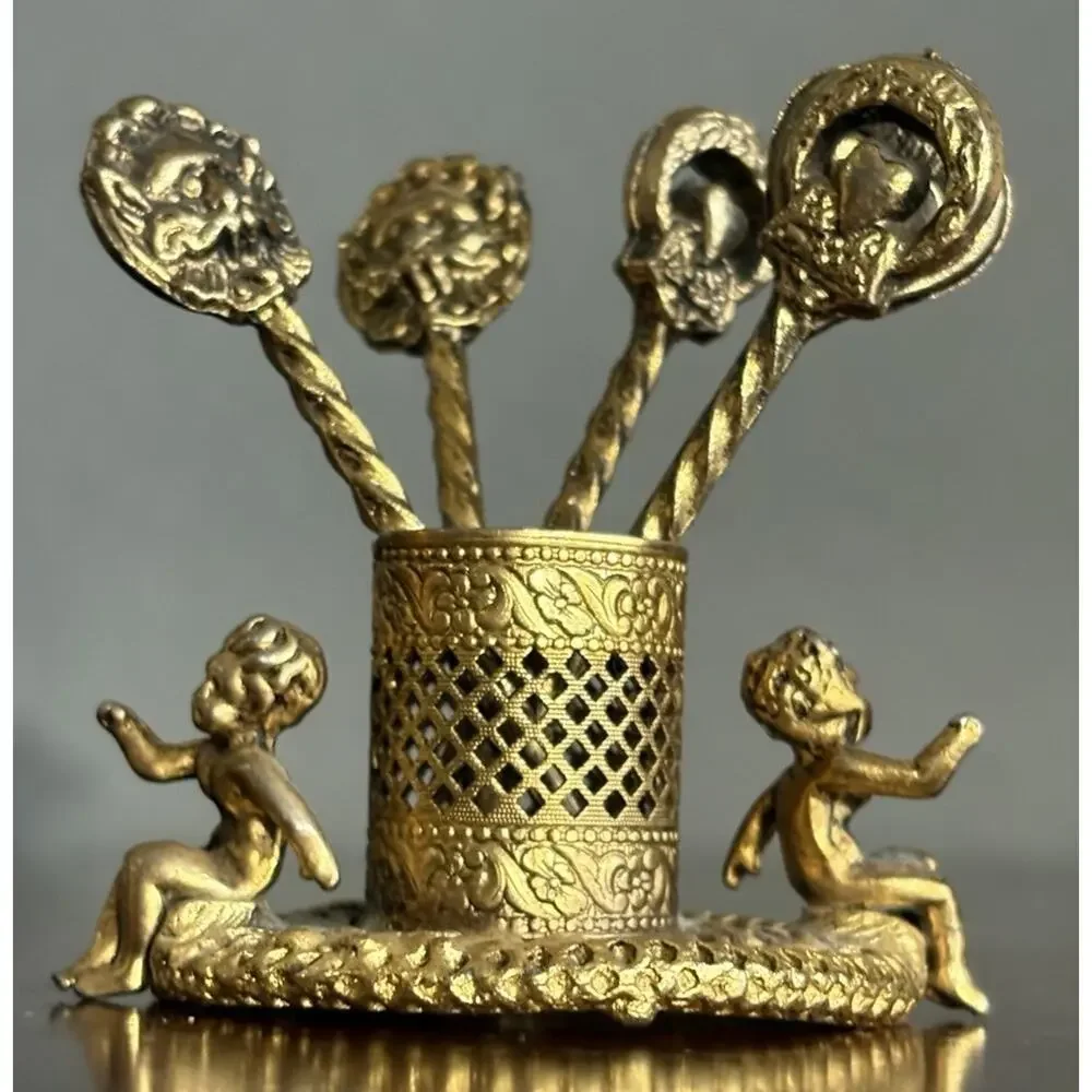 Vtg Cherub Cocktail Picks Holder Set 5 Gold Tone Putti Hors D’Oeuvre Olive Picks